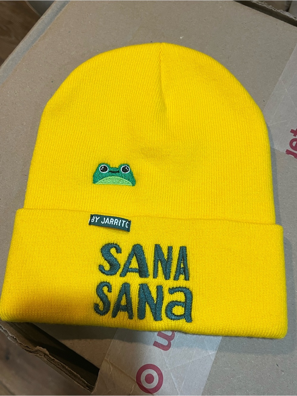 Yellow 'Sana Sana' Beanie with Frog Patch by Jarritos. Brand new, never worn